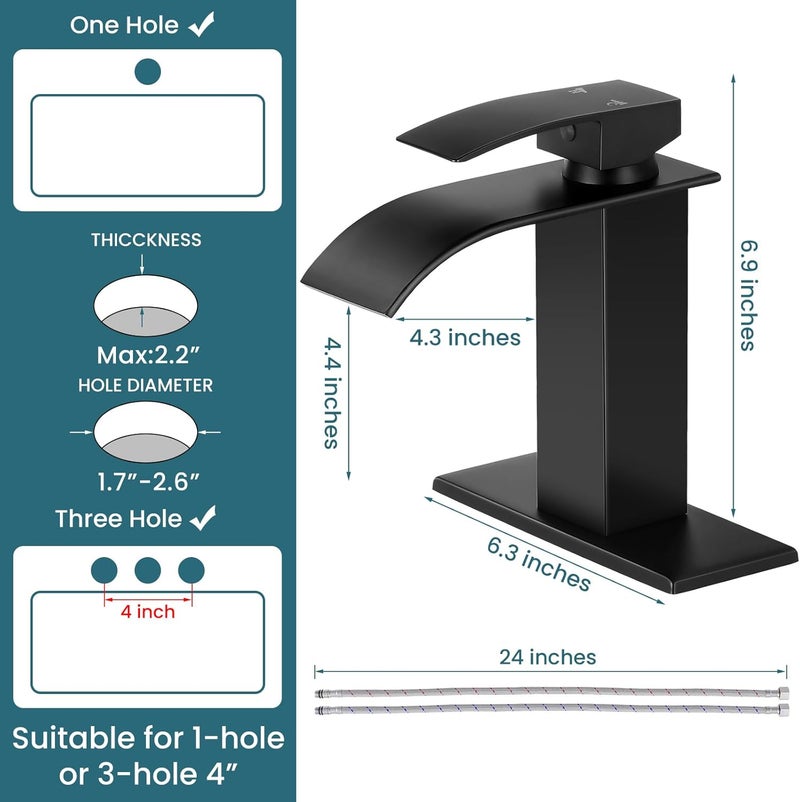 LUFG Bathroom Faucets Matte Black Waterfall Bathroom Sink Faucet Modern Single Handle Bathroom Faucet for 1 or 3 Hole Mxier Tap Washbasin Faucet with Deck, Pop-up Drain and Supply Hoses - Image 3